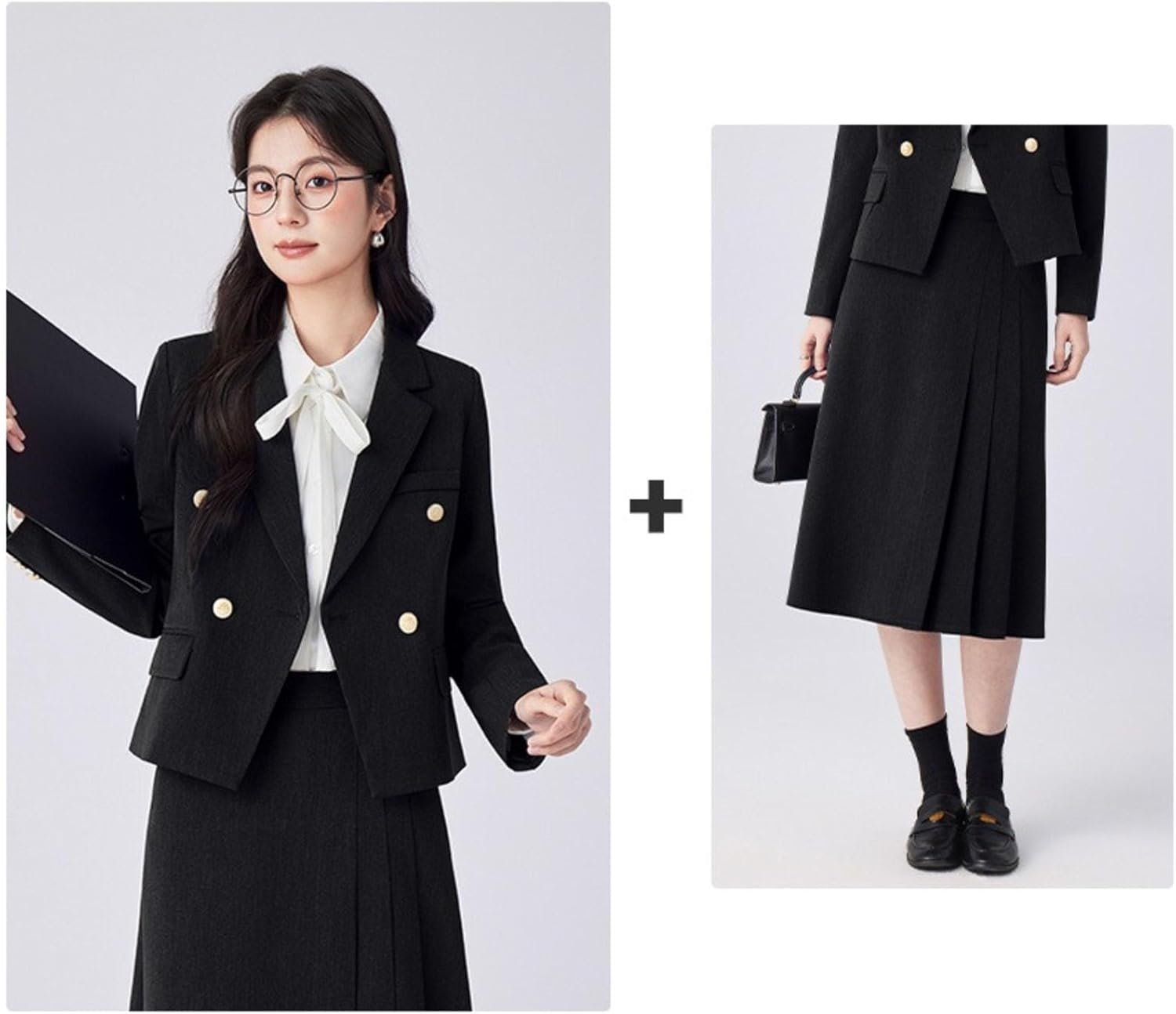 Short Sleeve Round Neck Blazer Set Women's Summer Office Uniform
