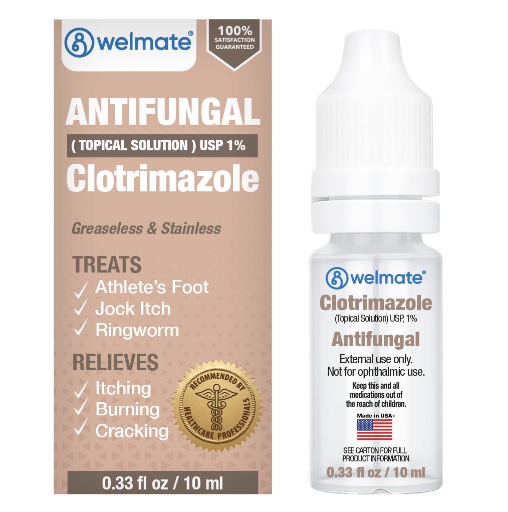 Clotrimazole 1% Antifungal Topical Solution, 0.33 fl oz (10mL) – Athlete’s Foot, Jock Itch & Ringworm Treatment, Greaseless, Non-Staining, Fast Relief for Itchy, Cracked, Dry Skin