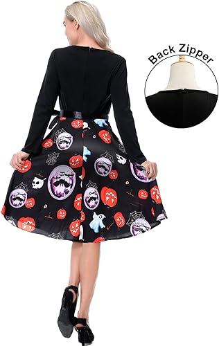 Miniatura 4 de Vestidos de Halloween para mujer de manga larga vestido de cóctel swing esqueleto calabaza impreso fiesta de disfraces disfraz para fiesta