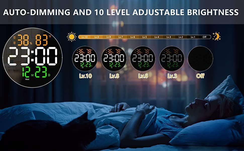 Image of LED Digital Wall Clock Hanging, Auto-Adjustable Brightness, Easy to Read at Night12 /24Hr Auto-Adjustable Brightness Temperature,for Bedroom,Living Room,Office.
