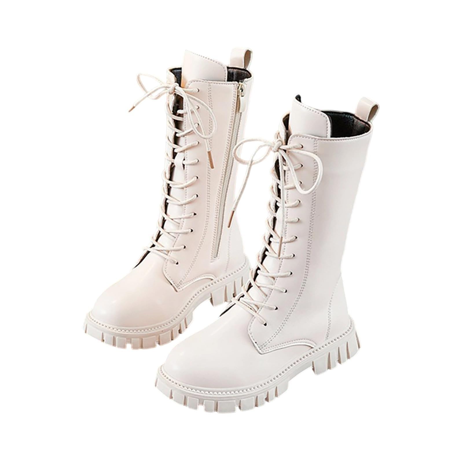 Botas de equitación con cordones para niñas, botas de combate a media pantorrilla, de piel sintética, con cremallera lateral, puntera redonda, tacones gruesos, zapatos de invierno, para Halloween