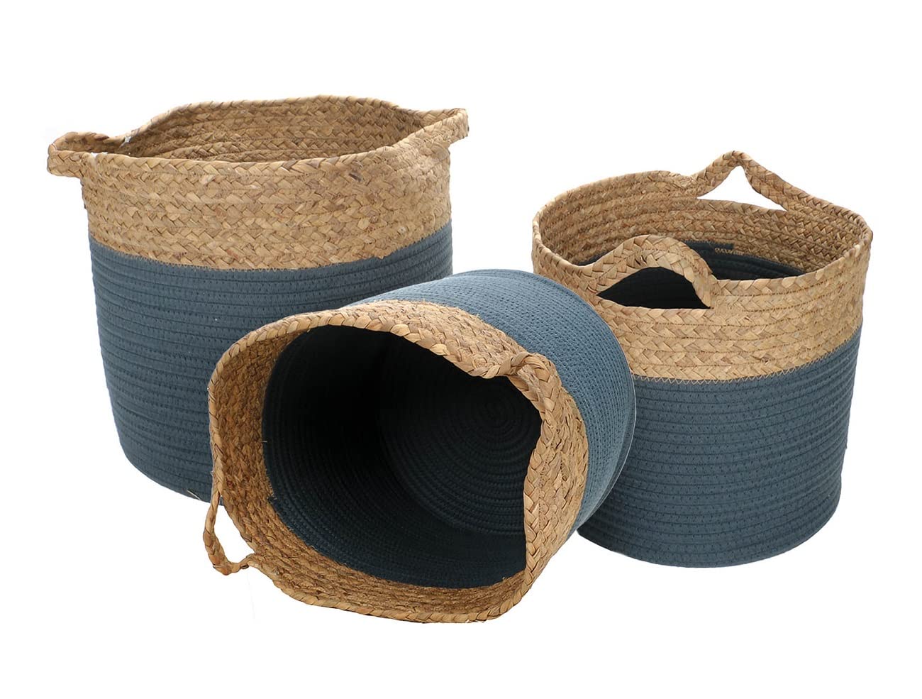Aufbewahrungskörbe aus geflochtenem Seegras und farbigem Baumwoll-Seil, mit Tragegriffen, 3-er Set Körbe in verschiedenen Größen, (H) ca. 32, 26, 19 cm (Blau)