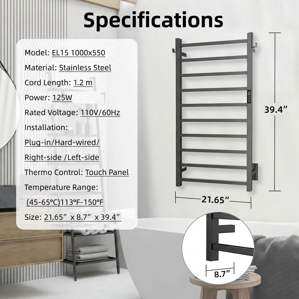 P&Dlusir Square Bar Towel Warmer, Heated Towel Rack with Smart Timer and Thermo Control, Wall-Mounted Heated Towel Rail, Stainless Steel, Hard-Wired/Plug-in, 10 bar, Matte Black