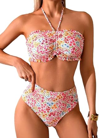 Womens Bandeau High Waisted Bikini Sets-2 Piece Swimsuit with Full Coverage Bottom Cute Bathing Suit