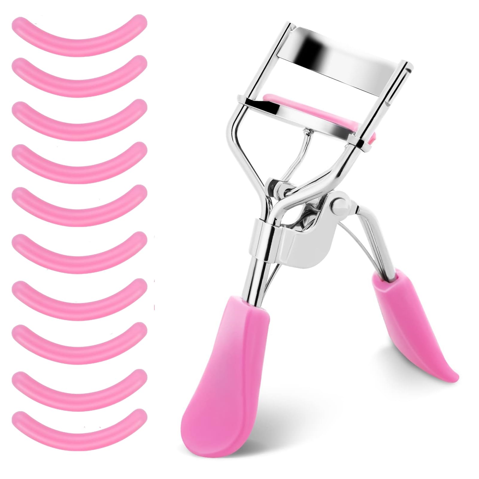 Lash Curler, No Pinching or Pulling, Long Lasting Eyelash Curler Fit All Eye Shapes, Professional Makeup Tool for Eyelashes with 10 Pieces Silicone Refill Pads (Pink)