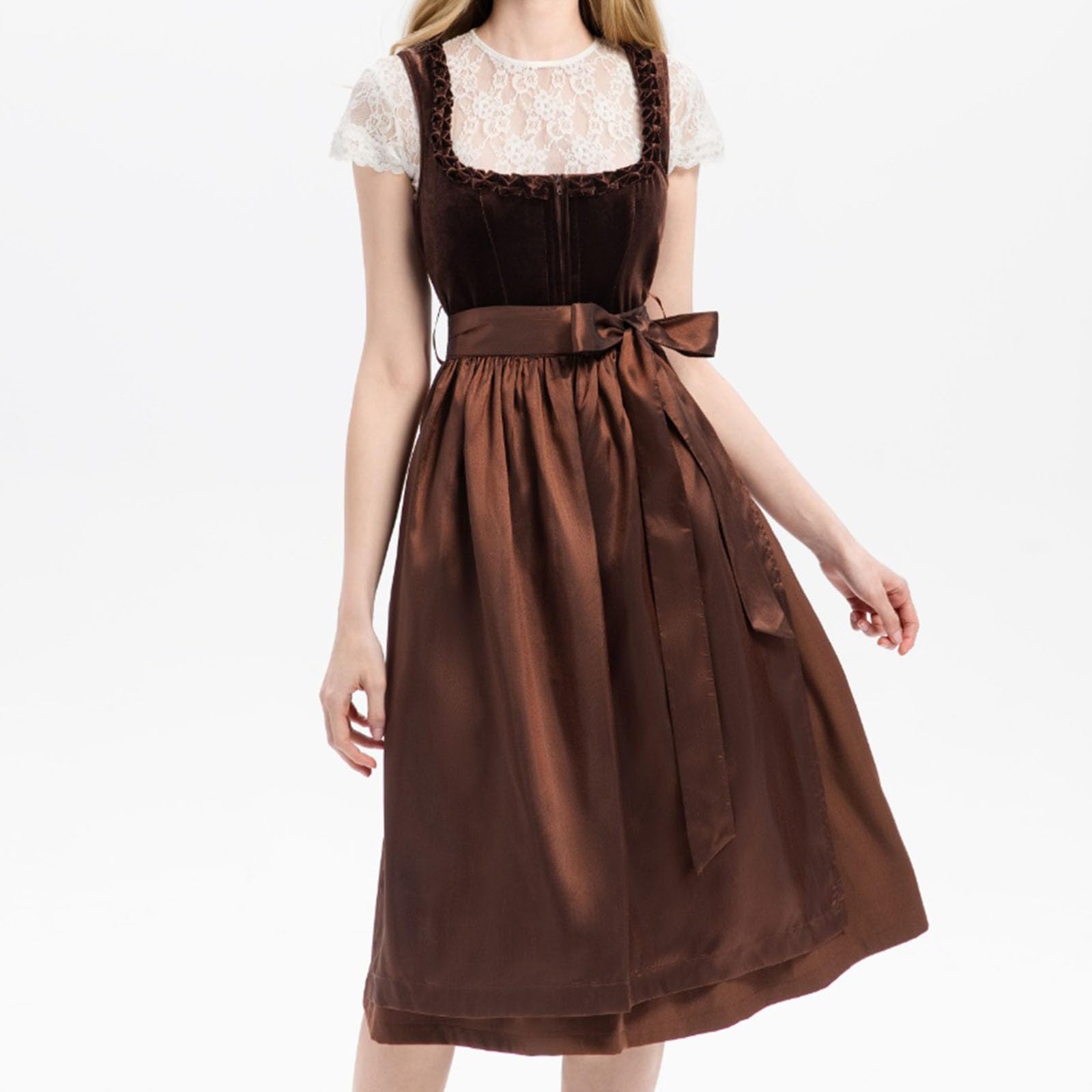 SKFLABOOF Dirndl Damen Lang Maxi Kleid Trachtenmode Reißverschluss Vorne Dress Women 'Dirndl Mit Schürze Elegant