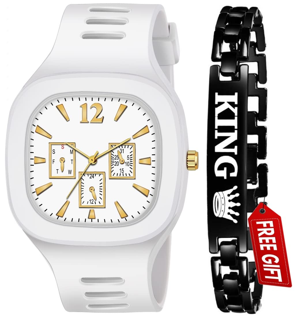 MAHI Trendz Square Multi DIAL Analog Silicon Strap Stylish Designer Analog Watch for Boys with bracelete Pack of 2 (White) (B0CJ73S5CH) Amazon Price History, Amazon Price Tracker