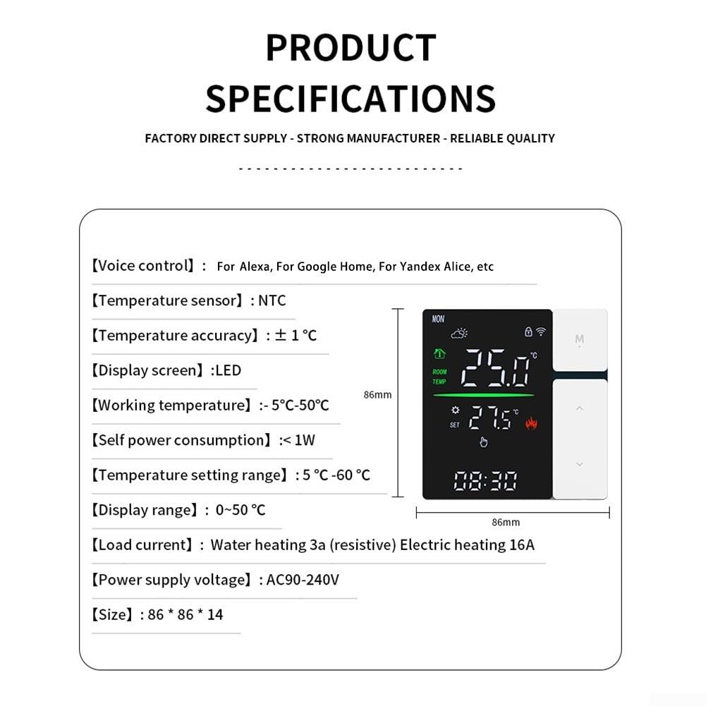 Termostato intelligente WiFi per Tuya, termostato programmabile per riscaldamento intelligente, montaggio a parete, con display a LED e risparmio energetico, per casa e ufficio (bianco 3A)