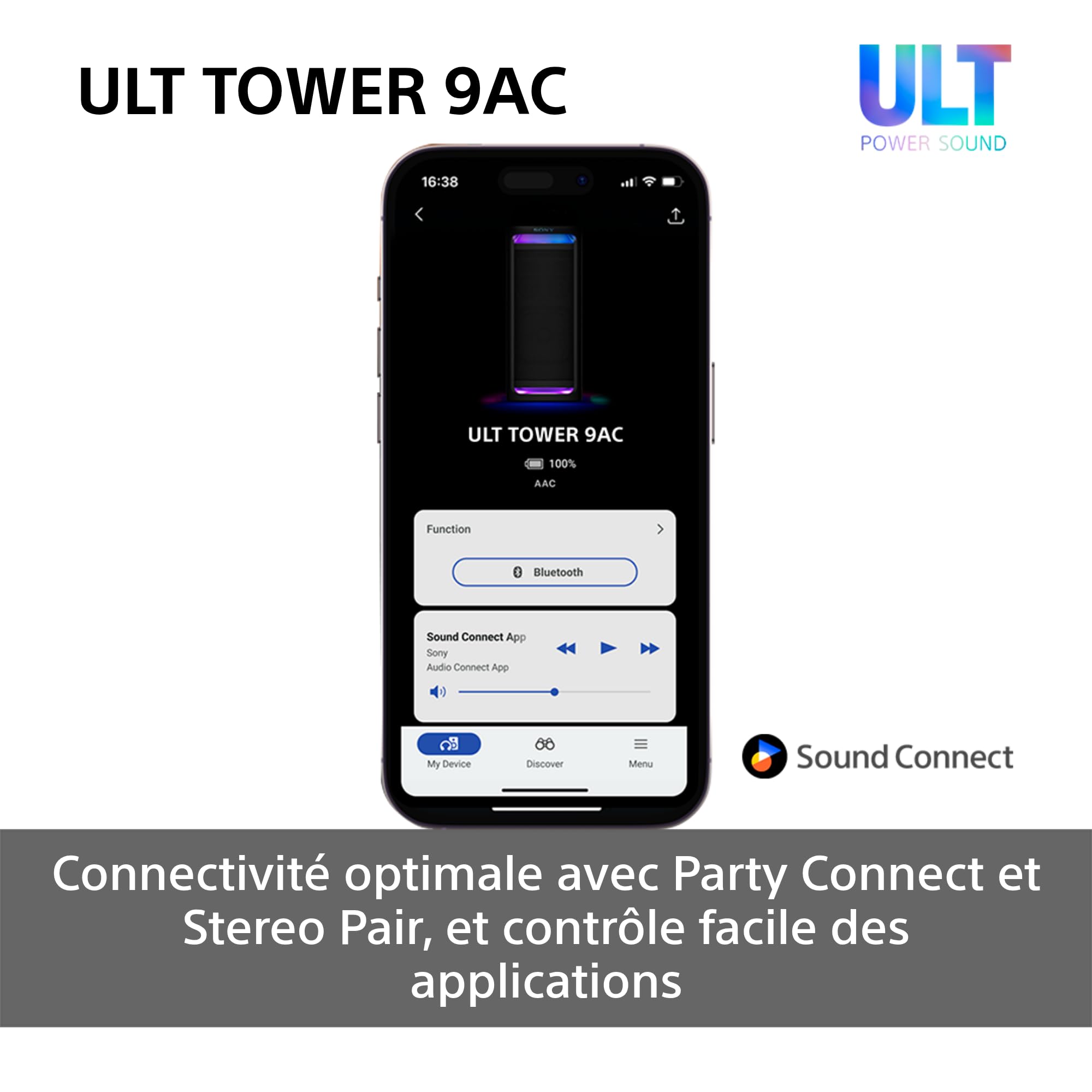 Sony ULT Tower 9AC - Enceinte Bluetooth Party Box Ultimate, Alimentation Secteur, 2 Modes ULT Power Sound, X-Balanced Speaker, 360° Lighting & Sound, entrées pour Karaoke - Noir