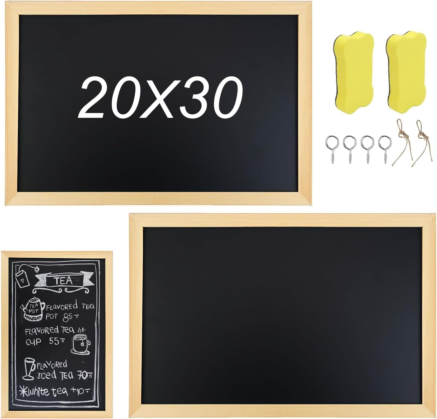 Foonary Pack of 2 A4 Chalkboards with Wooden Frame, 30 x 20 cm with 2 Sponge, Small Chalkboard for Hanging, Chalkboard Children for Children, Kitchen, School, Office, Chalkboard, Parties, Restaurants