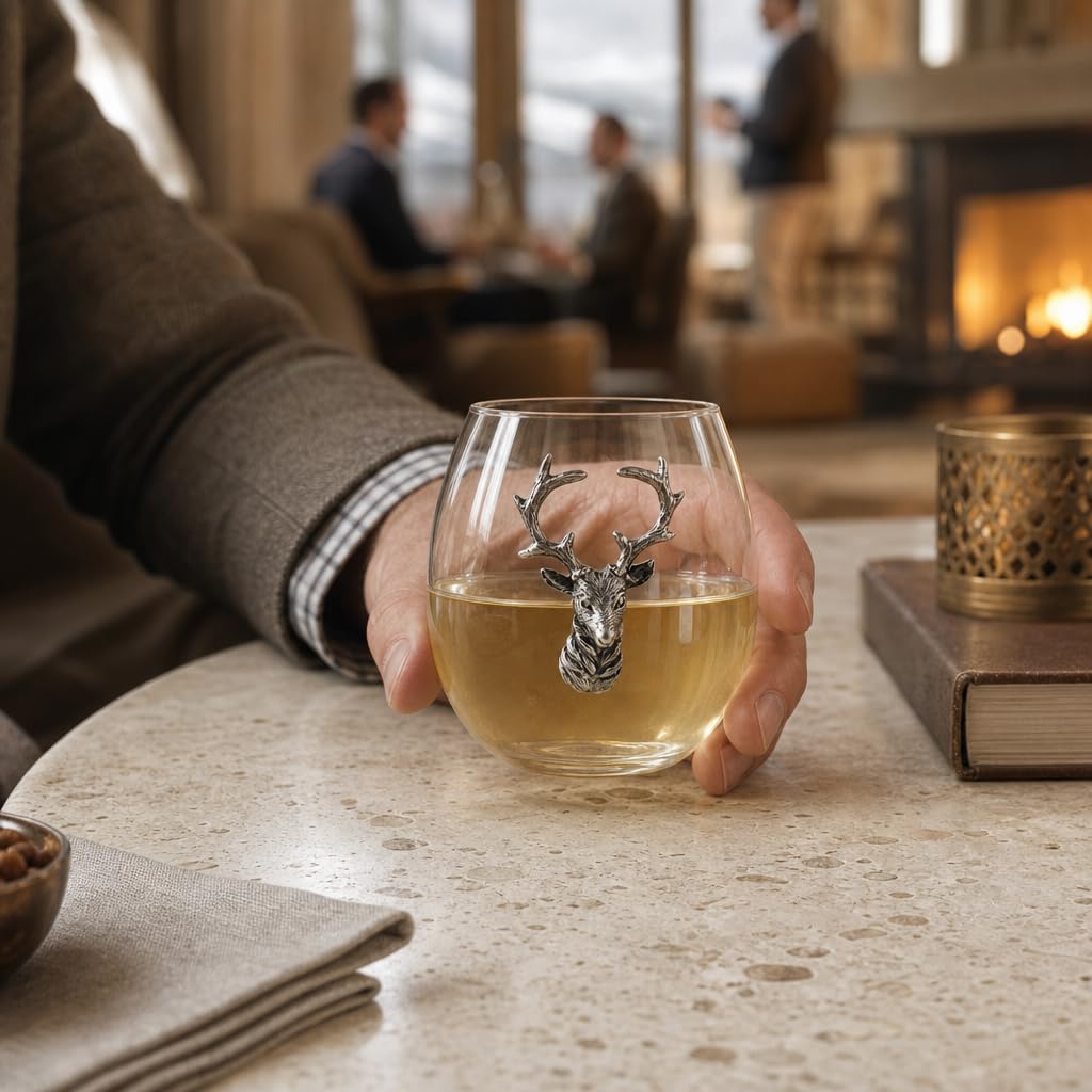Vagabond House Copa de vino sin tallo de ciervo/alce, cristal soplado a mano de alta calidad, estilo cabaña, perfecta para vino rojo/blanco, 3.25 pulgadas de alto, 12 onzas, mejora tus degustaciones