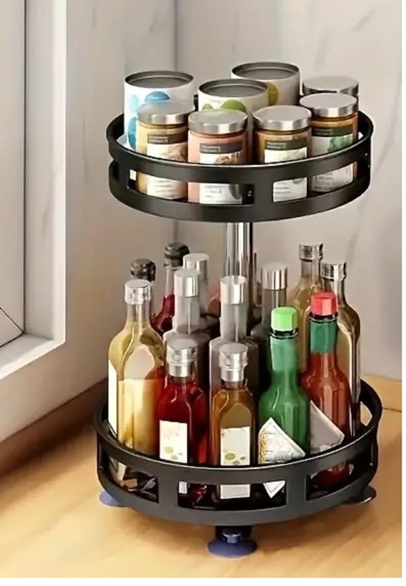 PYXBE 2 Tier 360° Tabletop Rotating Kitchen Rack, Kitchen Pantry Storage Organizer, Spice Rack Organizer, Kitchen Organizer Items And Storage, Spice Rack Set For Kitchen Storage (Square) (Round, 3)