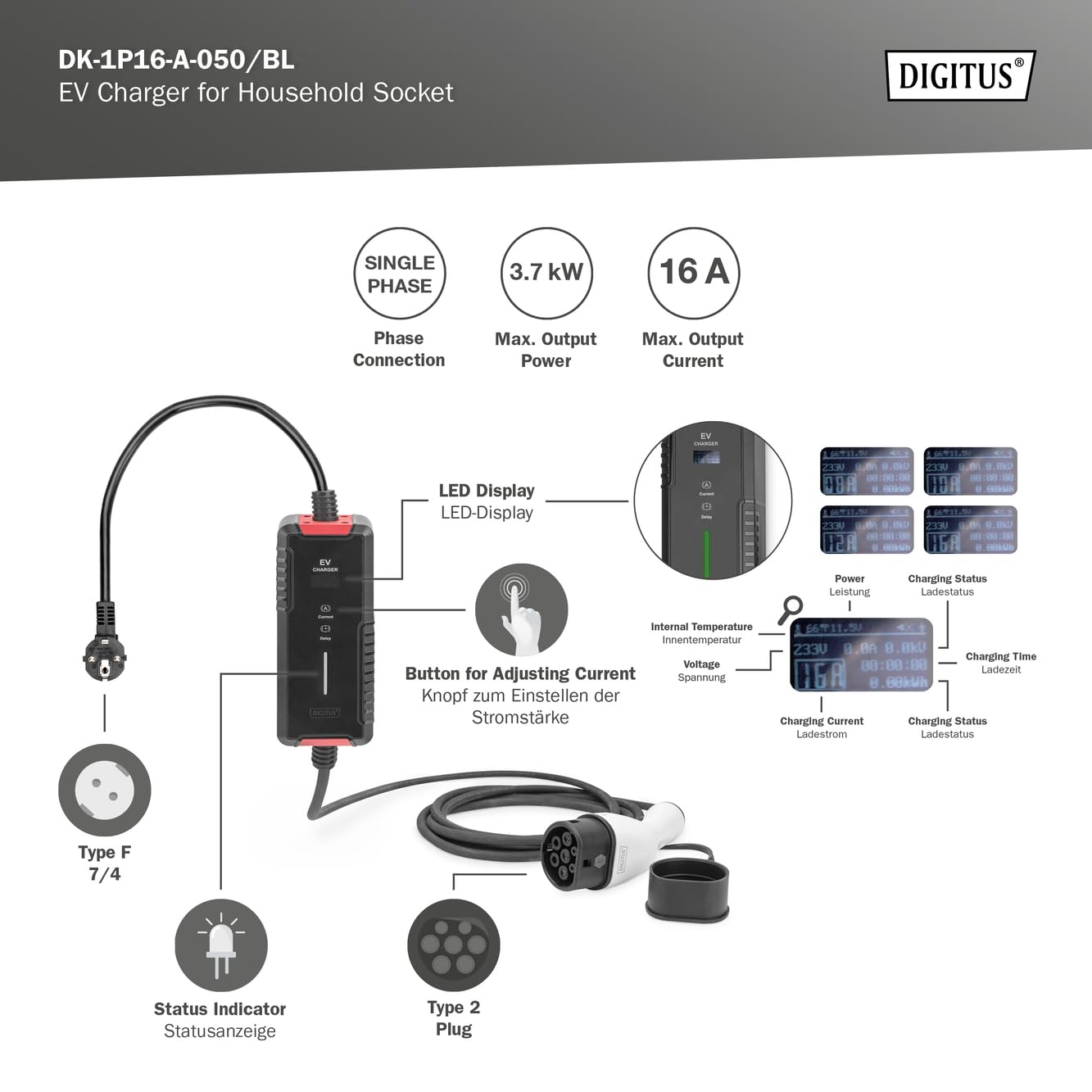 DIGITUS Ładowarka do pojazdów elektrycznych - 1 faza - Maks. regulowana moc ładowania 3,7 KW - Wtyczka typu 2 - Kabel ładujący 5 m - Tryb 2 - wyświetlacz LCD - Czarny