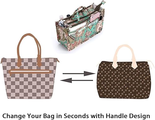 Miniatura 2 de BTSKY Organizador de bolso de mano de impresión dentro del bolso, alta capacidad, 13 bolsillos, organizador con asa, flor de pavo real