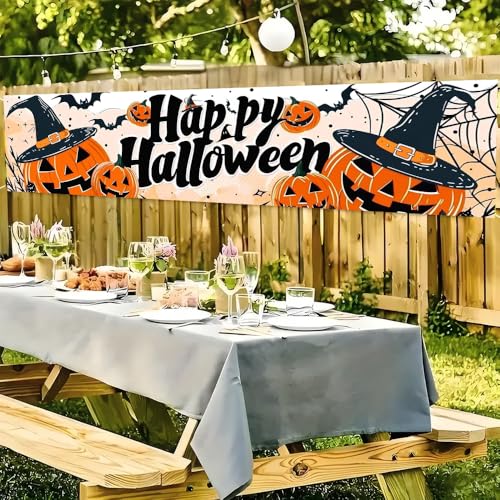 Image of Halloween Pumpkin Outdoor Banner 78.7 x 17.7 Inch Happy Halloween Scene with Jack O Lanterns Witch Hats Bats and Spider Webs for Yard Garden Fence Porch Patio or Outdoor Decoration