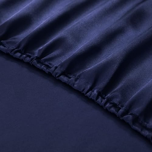 Miniatura 7 de TREELY Juego de sábanas de satén de 6 piezas tamaño California King, sedosas, suaves, de satén azul marino con bolsillo profundo, sábana bajera de