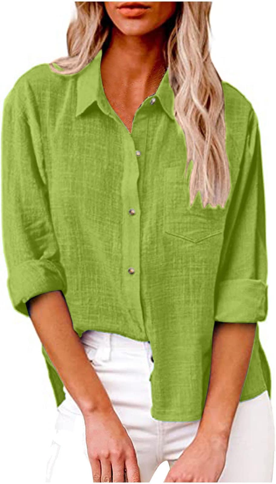Womens Tops Dressy UK Casual Summer Button Down Cotton Linen Shirts Work Office Women Blouse and Shirts Roll Up Long Sleeve Lapel Blouses Trendy Loose Fit Ladies Tops Spring Shirts