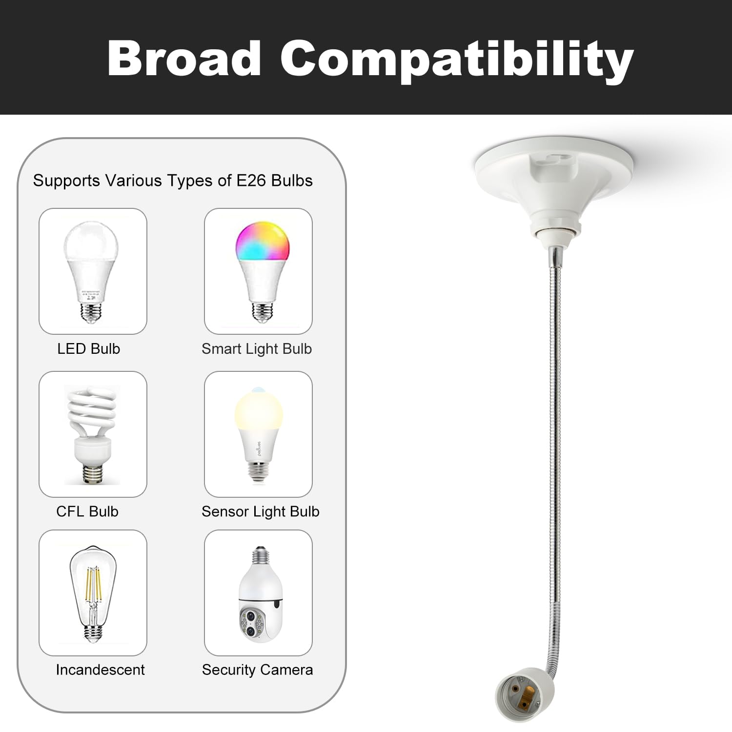 Light Socket Extender, 2 Ft - 60 CM Flexible Extension Socket Adapter, E26 to E26 Light Socket Extension, 360° Bendable Adjustable, Standard Medium Threaded Base, ETL Listed, 1 Pack