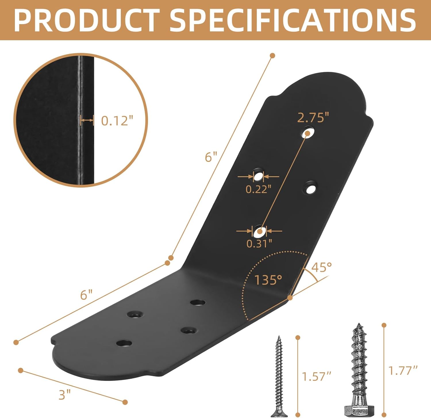 Inside Mount 45 Degree Angle Bracket, 6"x 5"x 3" Heavy Duty 45-Degree Connector Brace Carbon Steel Tie Plate for Wood Post and Beam Desk Edge Box Pergola Gazebo DIY Kit(4 Pcs)