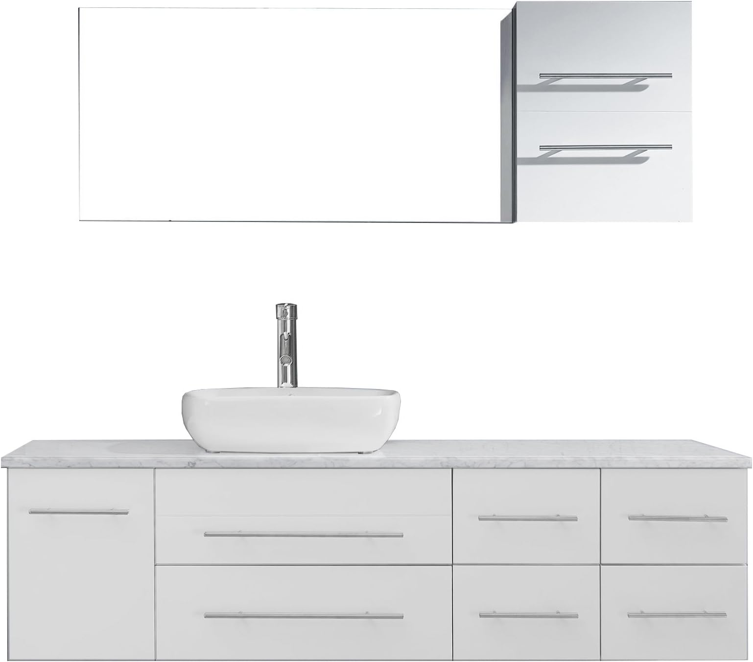 Justine 59 inch Single Sink Bathroom Vanity Set in White w/Square Vessel Sink, Italian Carrara White Marble Countertop, Single Hole Polished Chrome, 1 Mirror - UM-3050-WM-WH