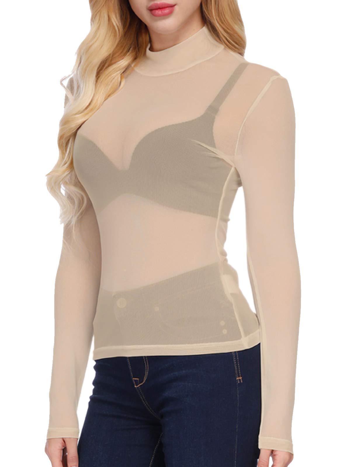 Amazon.com: Women's Sexy Sheer Mesh Mockneck Sweater T-Shirt Top