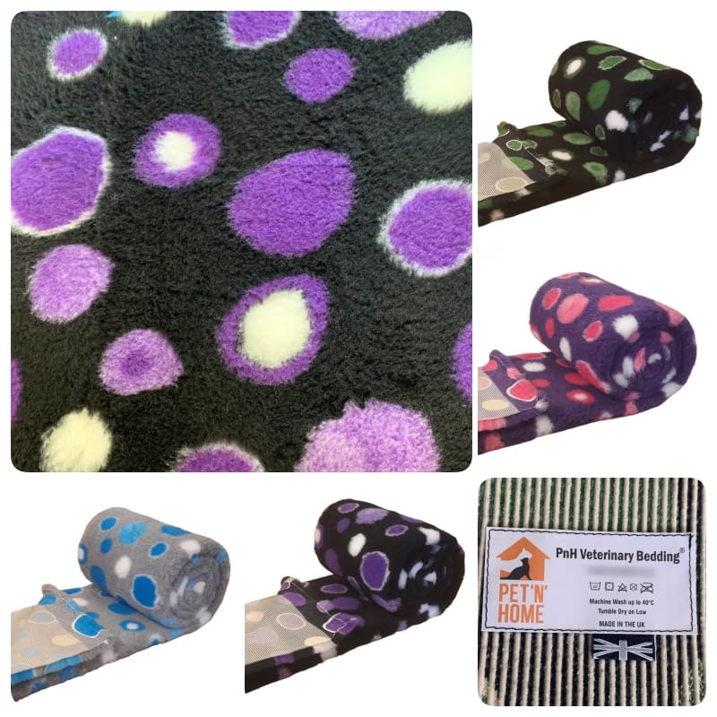PnH Veterinary Bedding Circle Designs NON SLIP Vet Bedding. Puppy/Dog/Pet Bed, Ideal Whelping Fleece (Black with Purple Circles, 8m Roll x 75cm)
