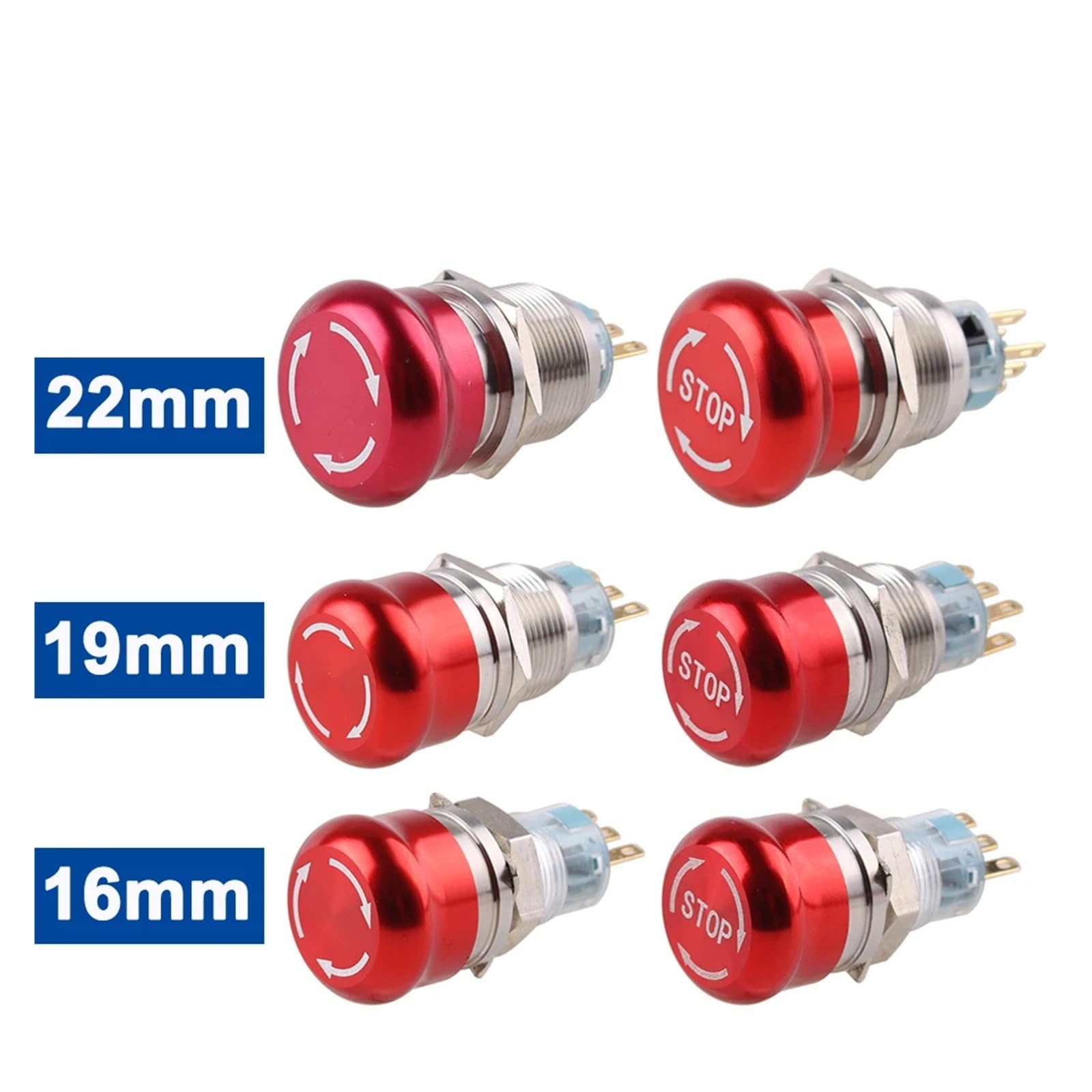 Botón Interruptor de Emergencia, Botón de Seta de Bloqueo de Parada de Emergencia de Aluminio NO NC 2NO 2NC Pin Terminal 16/19/22mm(No Stop Mark,16MM)