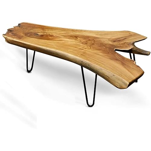 Carressa Linen Natural Wood Edge Teak Contemporary Coffee Table with Clear Lacquer Finish and Metal Hairpin Legs for Living Room