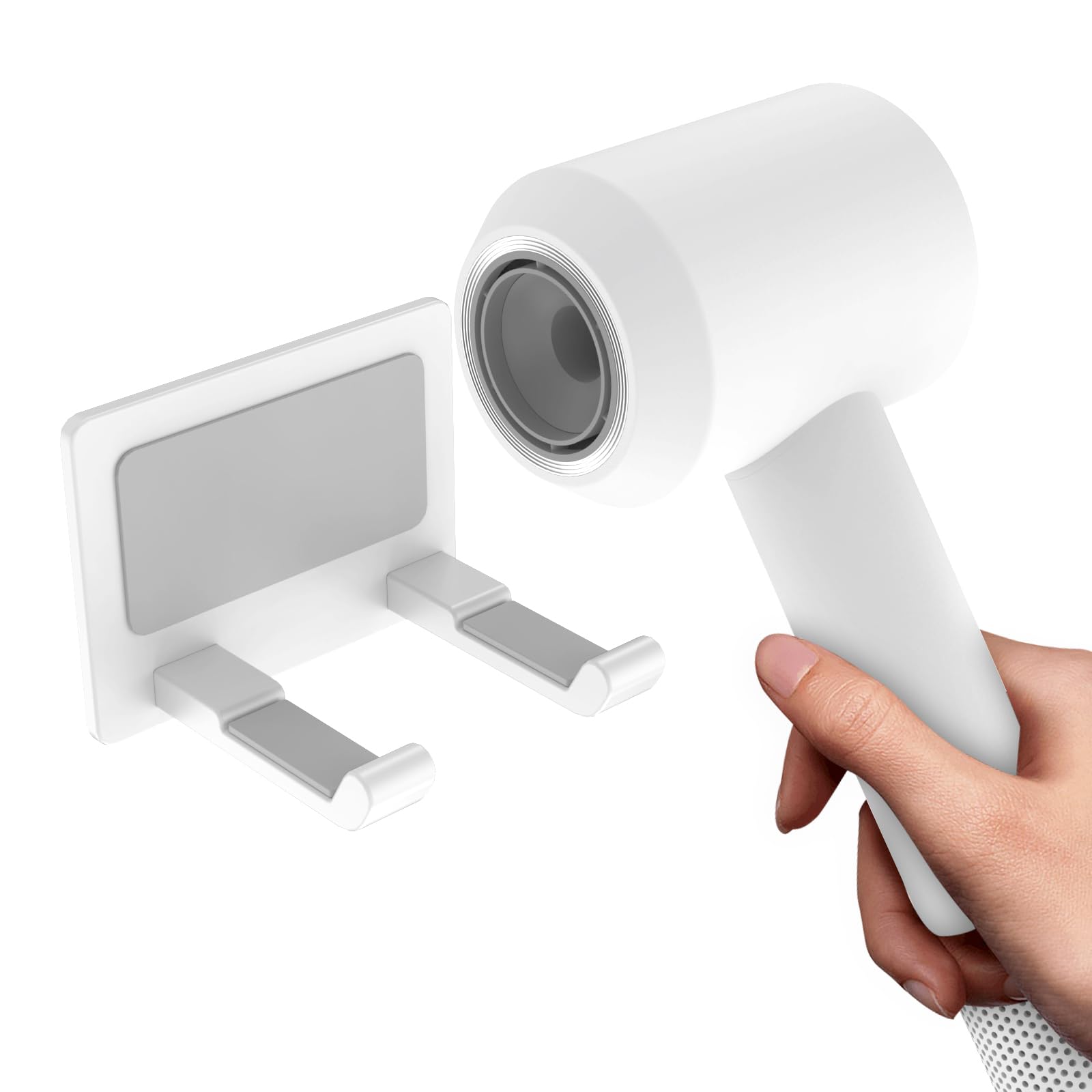 Universal Hair Dryer Holder Wall Mount, Self Adhesive Blow Dryer Rack Organizer for Bathroom and Bedroom Compatible with Most Hair Dryers, White