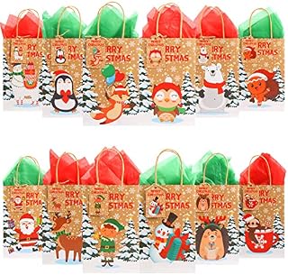 VEYLIN 12 Pack Christmas Kraft Gift Bag With Handle and Tag Tissue Paper for Xmas Present Wrapping Decoration (9.1 x 3.5 x 5.9 Inches)