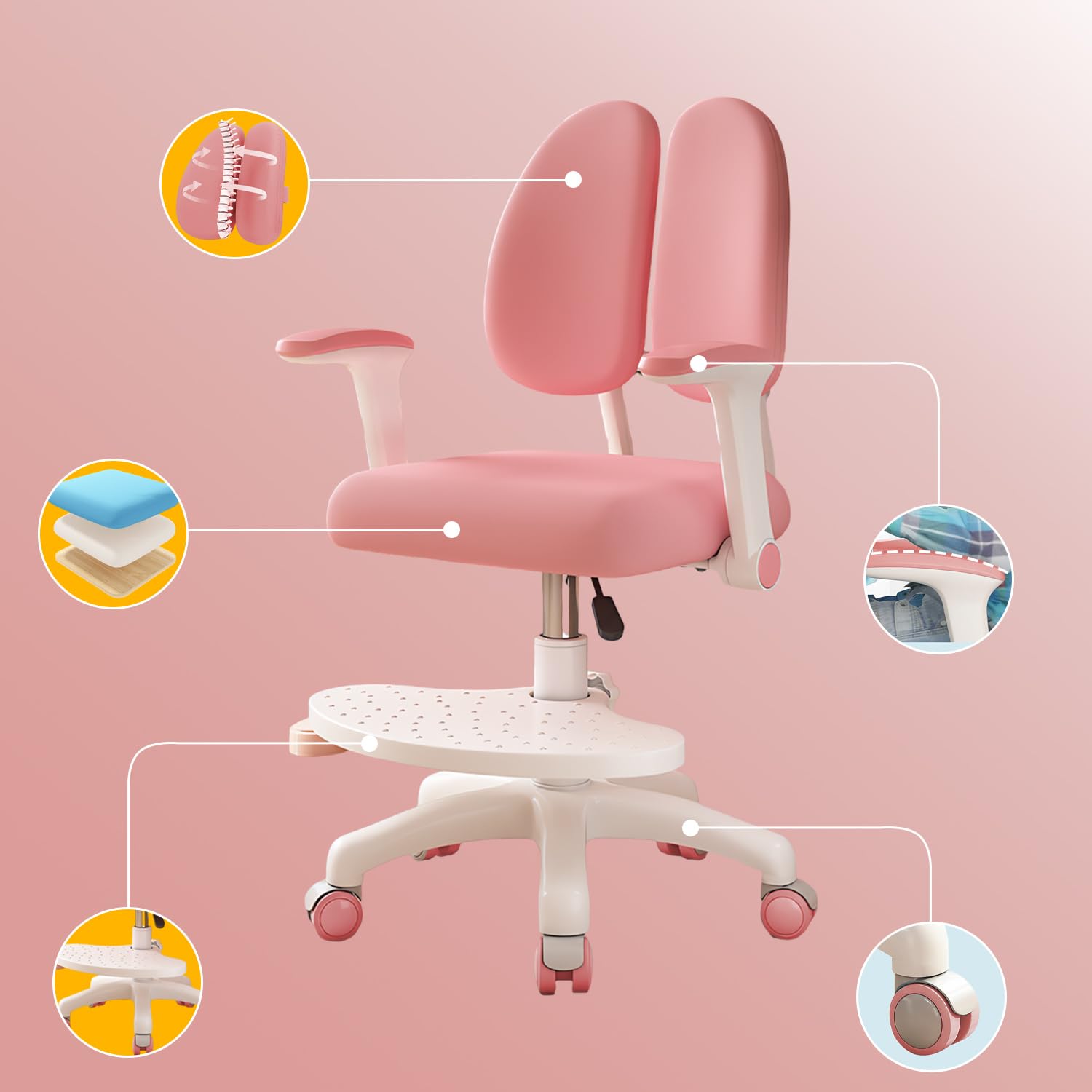 Silla de escritorio infantil, altura regulable con reposabrazos giratorios de 90° y reposapiés, silla giratoria ergonómica para niñas y niños, cómoda silla de aprendizaje para habitación