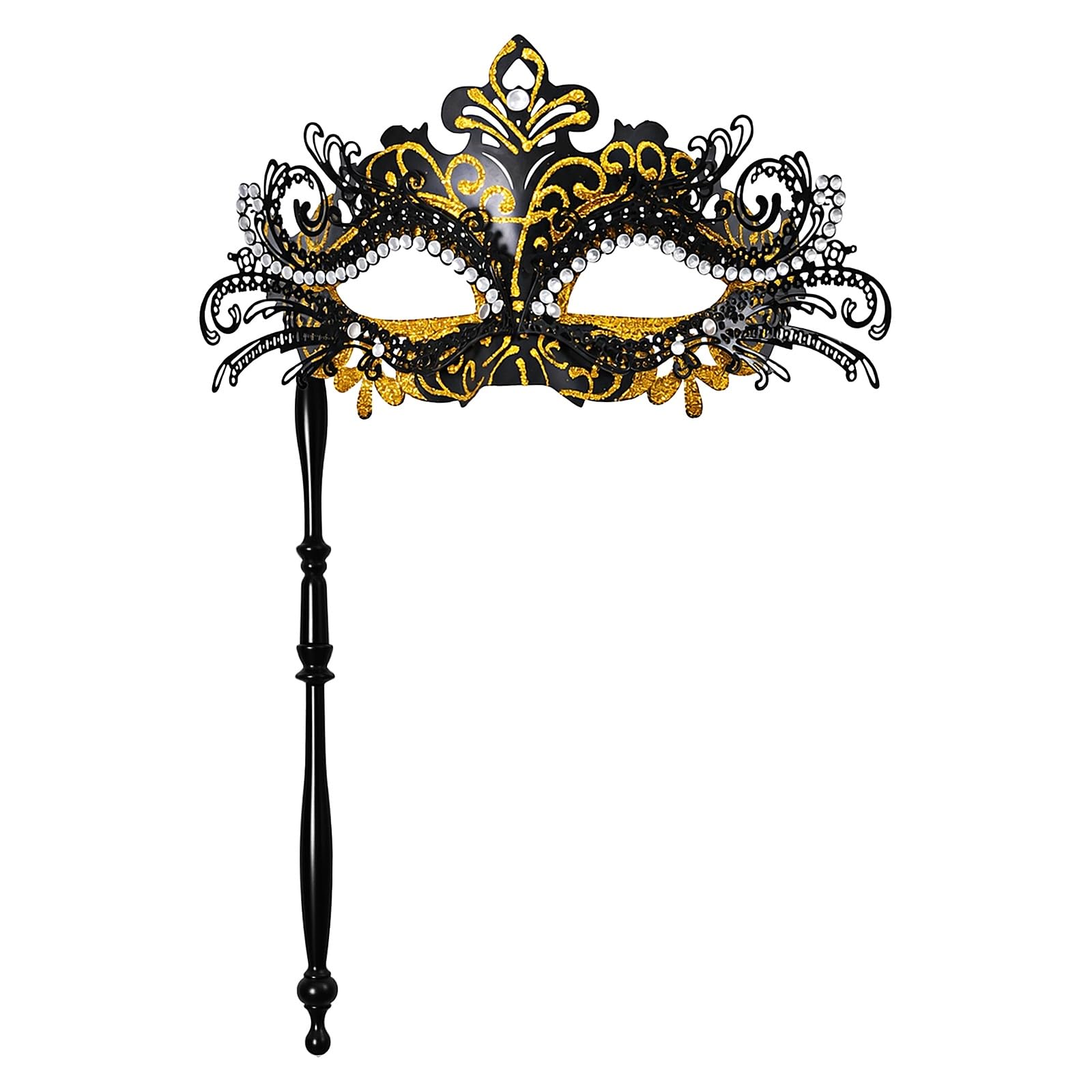 Oidea Black Gold Rhinestone Handheld Venetian Masquerade Mask, Metal