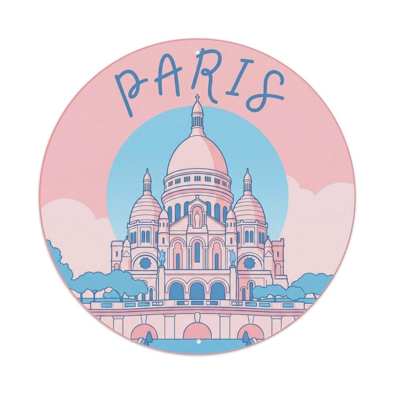 Vintage Travel Parisian Sacre Coeur 2 Metal Tin Sign Plaque Wall Decor for Cafe, Club Bar, Office, Home Garden Round Metal Poster 8x8Inch