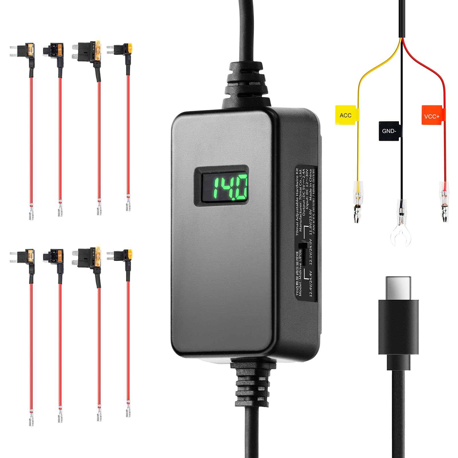 70mai Adjustable Hardwire Kit UP06 for Type-C Dash Cams 3-Level Low Voltage Protection Real-Time Voltage Display 24H Parking