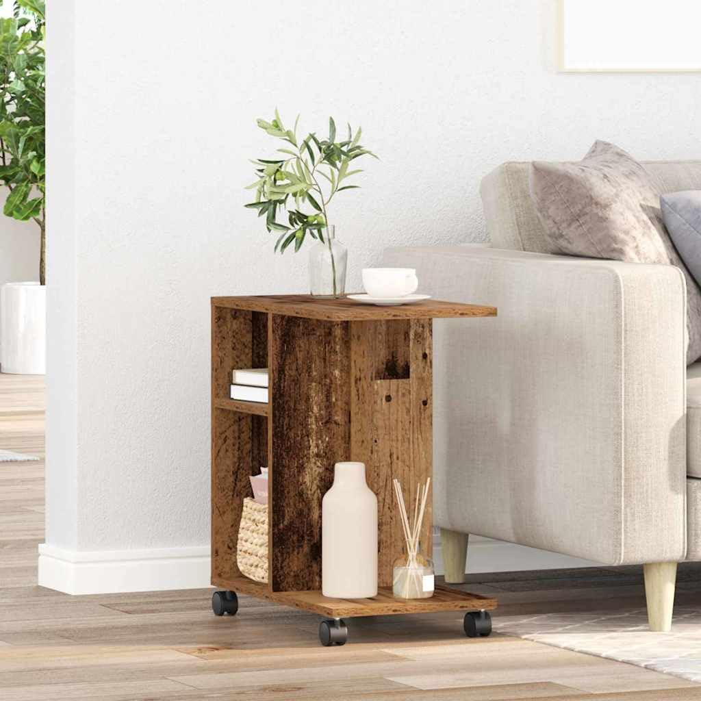 Mesa auxiliar con estante de madera recuperada de 50 x 30 x 55 cm, con ruedas, práctico estante, versátil como mesa de centro, mesita de noche, mesa de sofá para salón, dormitorio, pasillo