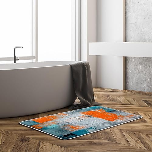 Miniatura 2 de Tapete de baño turquesa, gris y naranja, azul quemado, verde azulado, naranja y gris, pintura abstracta de pinceladas, arte moderno, decoración de
