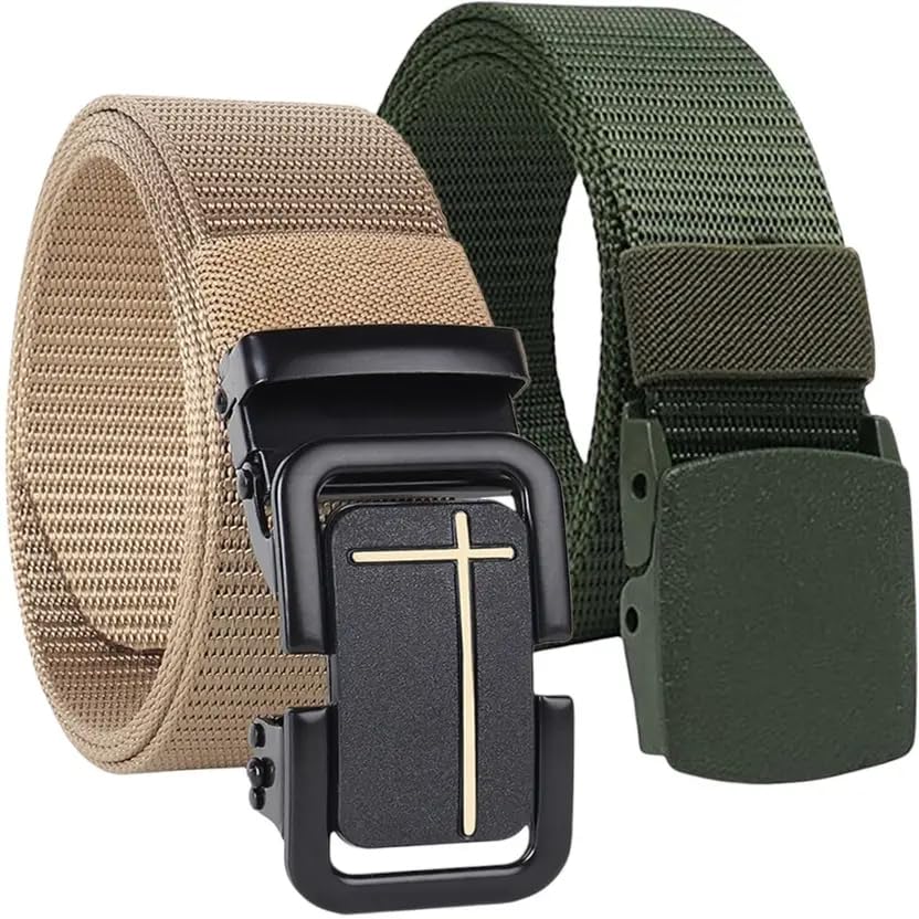 Tactical Nylon Web Belt, Military Style Canvas Belts with Cross Buckle, Khaki and Army Green, 2-Pack-picture-44
