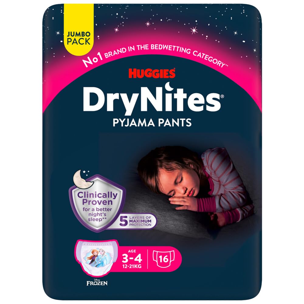 Huggies DryNites Pañales de Noche para Niña 3-4 (16-23 kg), Clínicamente Probado con 5 Capas de Máxima Protección Nocturna, 4 Packs de 16, Total 64 Bragas Absorbentes
