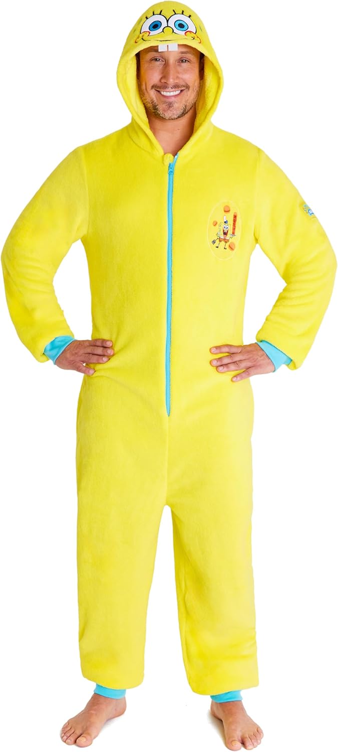 SPONGEBOB SQUAREPANTS Men's Hooded Fleece One Piece Pajama Jumpsuit - Cozy Sleep and Downtime Loungewear for Fans