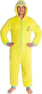 SPONGEBOB SQUAREPANTS Men's Hooded Fleece One Piece Pajama Jumpsuit - Cozy Sleep and Downtime Loungewear for Fans