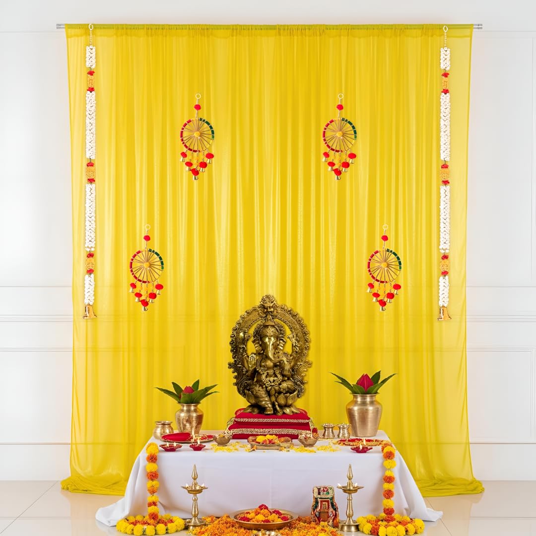 Floroom Yellow Net for Decoration with Chakra Hangings - 8 Pcs Haldi Decor Items for Home,Pooja Decoration, Haldi Decoration Set, Wedding, Festive Decor (Haldi_44)