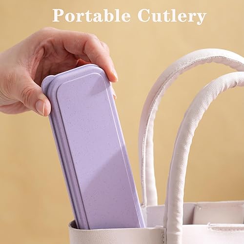 Miniatura 6 de Juego de utensilios de viaje reutilizables con estuche, 2 juegos de paja de trigo portátil de plástico, tenedor, cucharas, cuchillo, cubiertos de