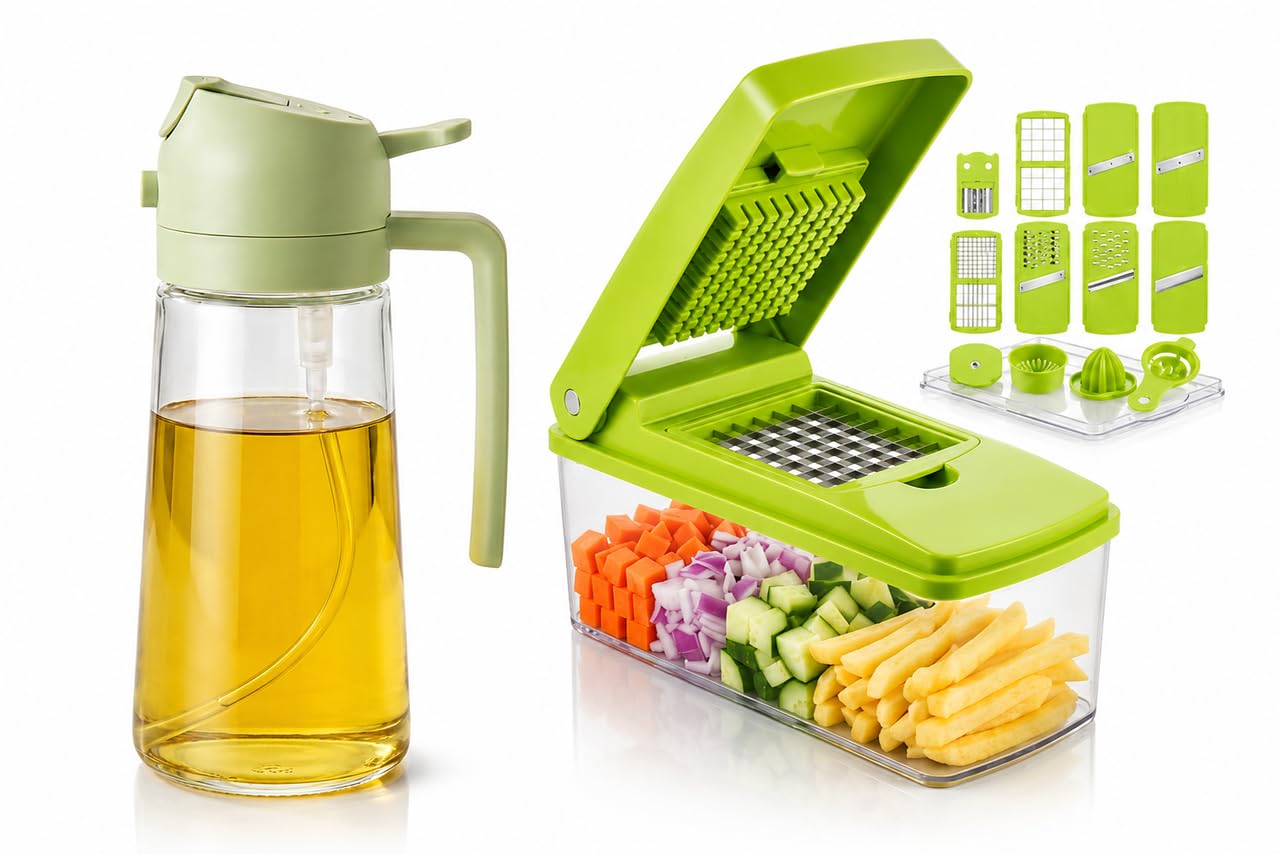 12-in-1 Vegetable Chopper with Container & 2-in-1 Oil Sprayer Dispenser Bottle Combo | Multi-Blade Vegetable Cutter, Dicer, Slicer & Fine Mist Oil Spray Bottle | Kitchen Essential Set-picture-22