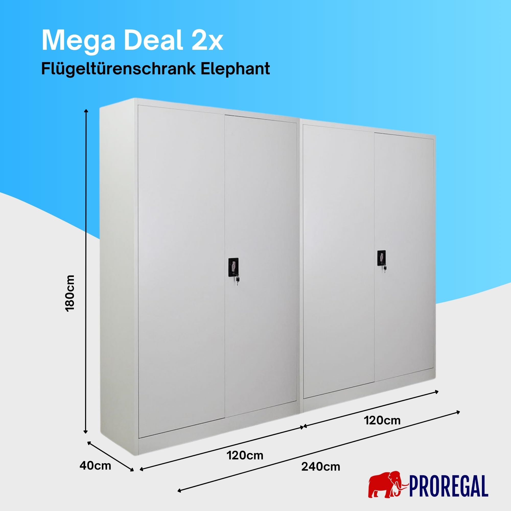 PROREGAL Mega Deal 2X Armoire à Portes battantes Elephant Armoire de classement en métal verrouillable 2 Portes 180x120x40cm en Acier 4 Niveaux Gris Clair