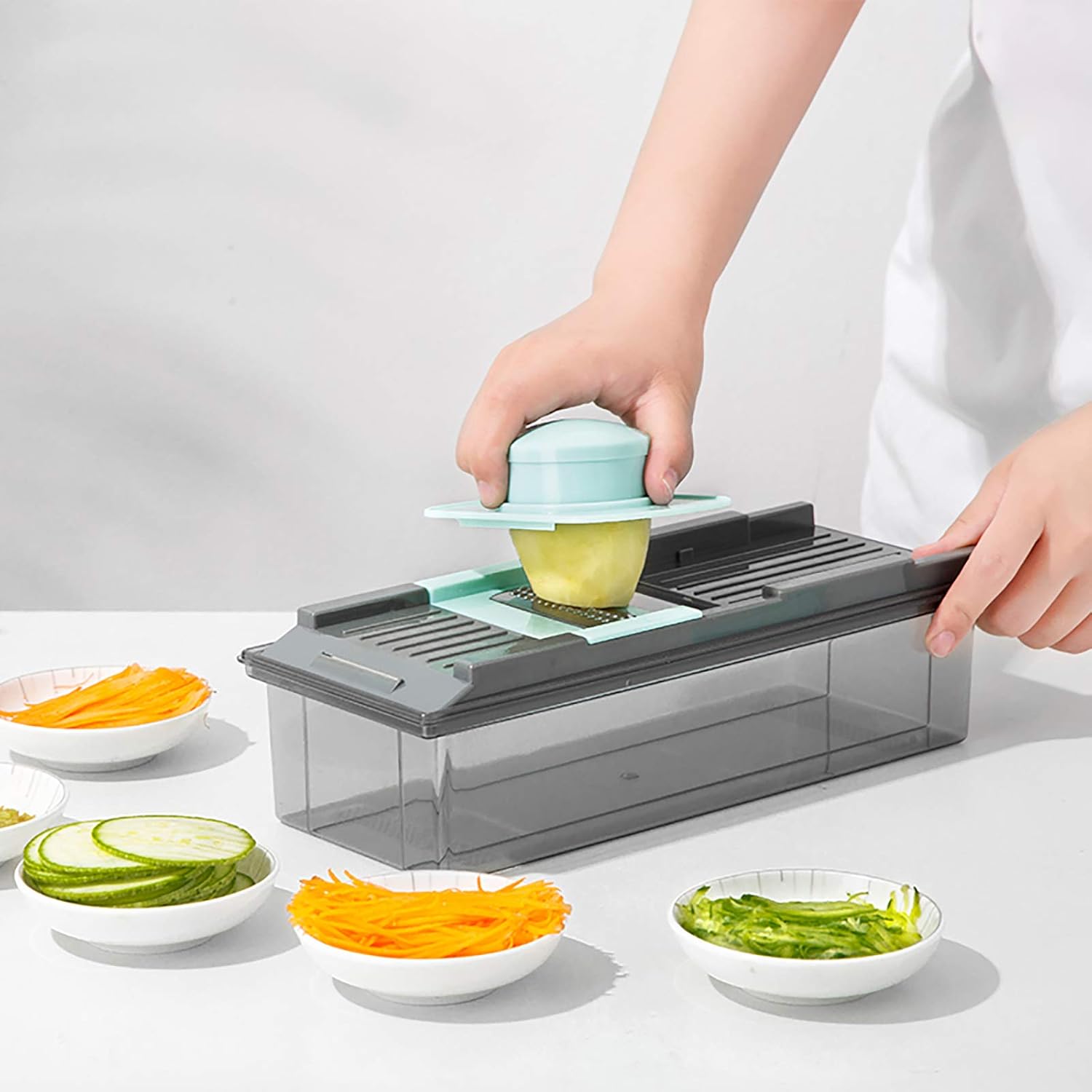 Vegetable Slicer Manual Vegetable Chopper Multifunctional Mandolin Onion Mincer Chopper with Container Multi Blades Food Chopper Cutter Grater for Potato Tomato Cheese Cucumber-Blue 30x11.5x8.5cm(12