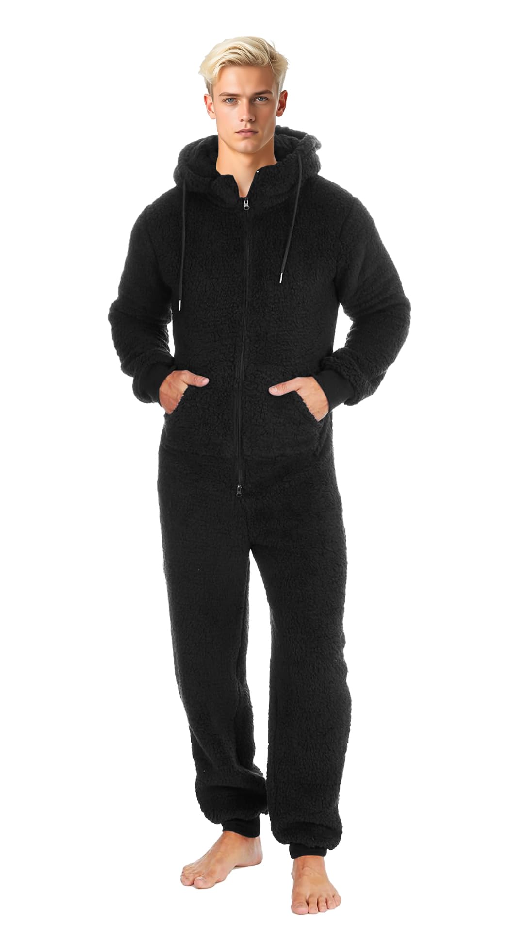 Nikaro Men's Black Sherpa Fleece Hooded Onesie Ultra-Soft All-In-One Loungewear For Cosy Comfort (L-Xl)