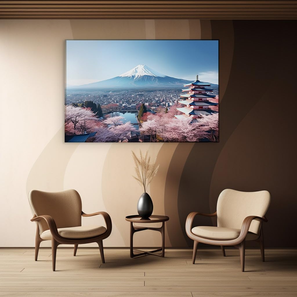 Canvas for Living room. Springtime Serenity at Mount Fuji with Cherry Blossoms Abloom and Pagoda�s Oriental Charm, 27 x 18 inch Canvas Wall Art - Contemporary Masterpieces - Spiritual Home Decor