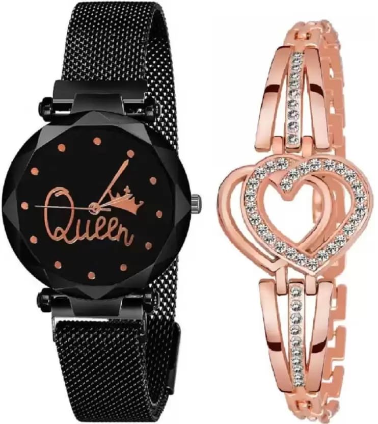 Black dial Queen Magnet Strap Rose Gold Heart Shape Bracelet Round Dial Elegant Classic Combo Set of 2 (Black) (B0C9M9SXCQ) Amazon Price History, Amazon Price Tracker