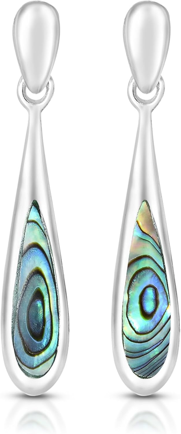 AeraVida Elegantly Long Teardrop with Inlaid Abalone Shell .925 Sterling Silver Post Drop Dangle Earrings