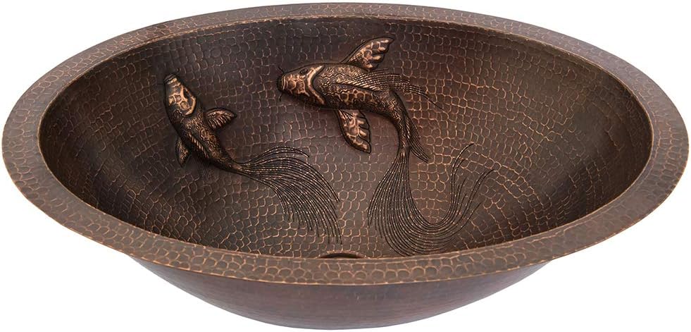 19" Oval Hammered Copper Undermount Sink with Koi Fish Design